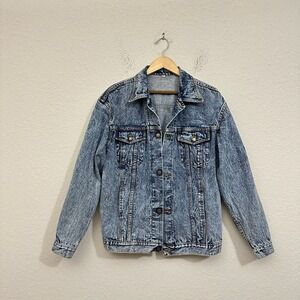 Vintage 80s THUMBS UP T.M. Distressed Trucker Jean Jacket in Blue